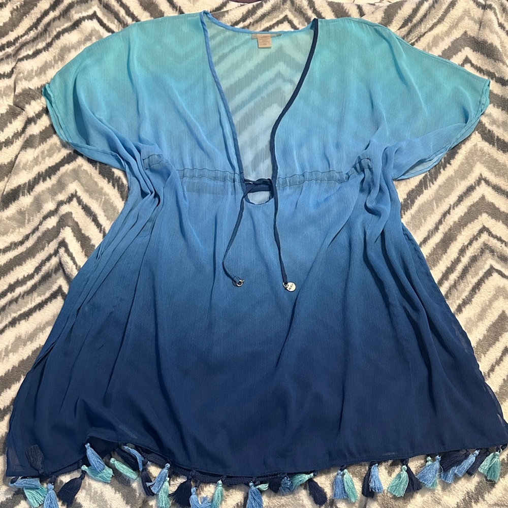 Bleu Rod Beattie Aqua to Teal Ombre Cover-Up with Tassel Trim